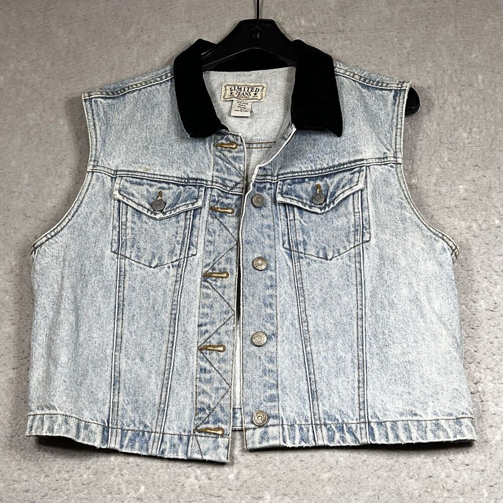 Vintage Limited Jeans Denim Vest Womens Size Large Blue Velvet Collar Y2K 90s